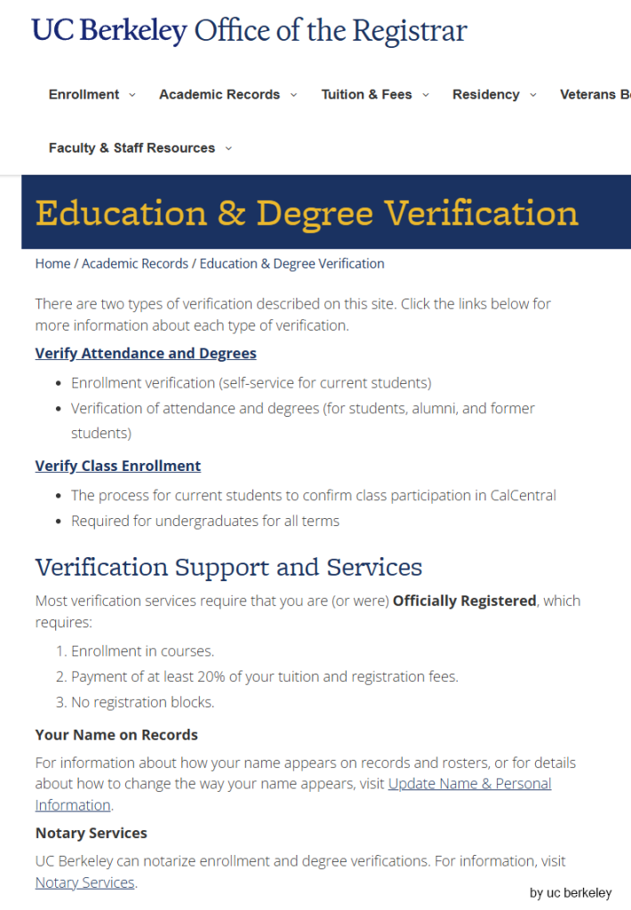 UC Berkeley Education & Degree Verification 服务
